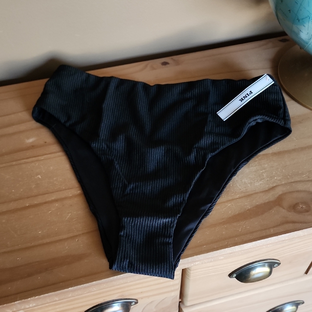 PINK Victoria's Secret Black High-Cut Ribbed Bikini Bottoms